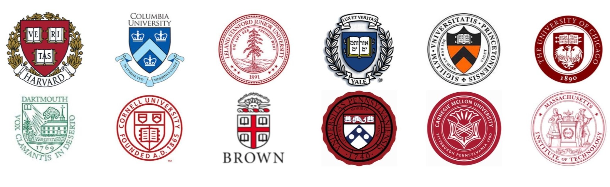 Harvard, Columbia, Stanford, Yale, Princeton, University of Chicago, Dartmouth, Cornell, Brown, University of Pennsylvania, Carnegie Mellon, and MIT